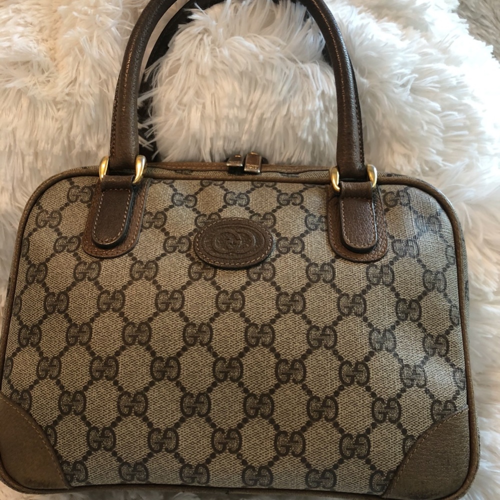Women Vintage Authentic Gucci Top Handle Brown GG Satchel Handbag